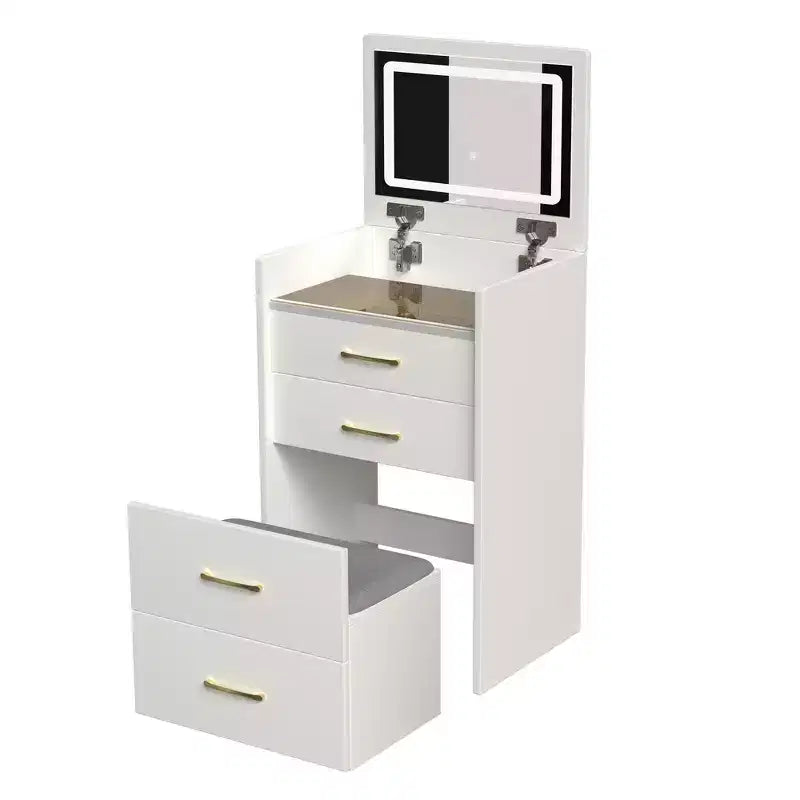 3 in 1 Makeup Vanity Desk Compact Vanity Table Dressing Table with Bench, Lighted Mirror, Drawers & Visible Glass Desktop, White - ModernLuxe