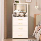3 in 1 Makeup Vanity Desk Compact Vanity Table Dressing Table with Bench, Lighted Mirror, Drawers & Visible Glass Desktop, White - ModernLuxe