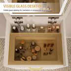 3 in 1 Makeup Vanity Desk Compact Vanity Table Dressing Table with Bench, Lighted Mirror, Drawers & Visible Glass Desktop, White - ModernLuxe