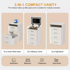 3 in 1 Makeup Vanity Desk Compact Vanity Table Dressing Table with Bench, Lighted Mirror, Drawers & Visible Glass Desktop, White - ModernLuxe