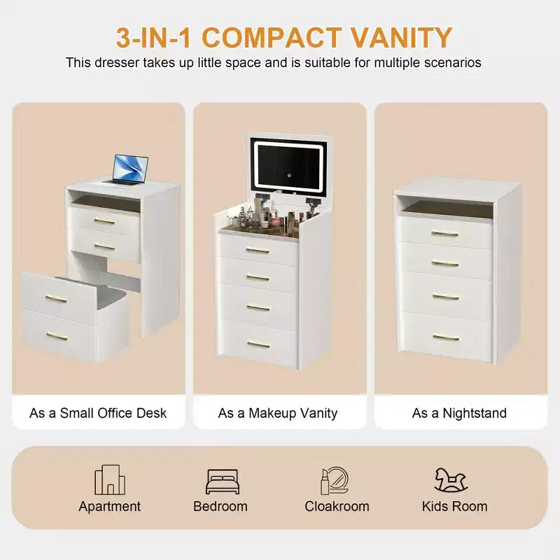 3 in 1 Makeup Vanity Desk Compact Vanity Table Dressing Table with Bench, Lighted Mirror, Drawers & Visible Glass Desktop, White - ModernLuxe