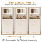 3 in 1 Makeup Vanity Desk Compact Vanity Table Dressing Table with Bench, Lighted Mirror, Drawers & Visible Glass Desktop, White - ModernLuxe