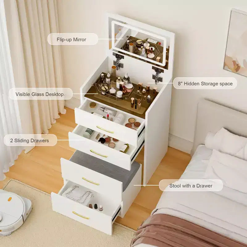 3 in 1 Makeup Vanity Desk Compact Vanity Table Dressing Table with Bench, Lighted Mirror, Drawers & Visible Glass Desktop, White - ModernLuxe