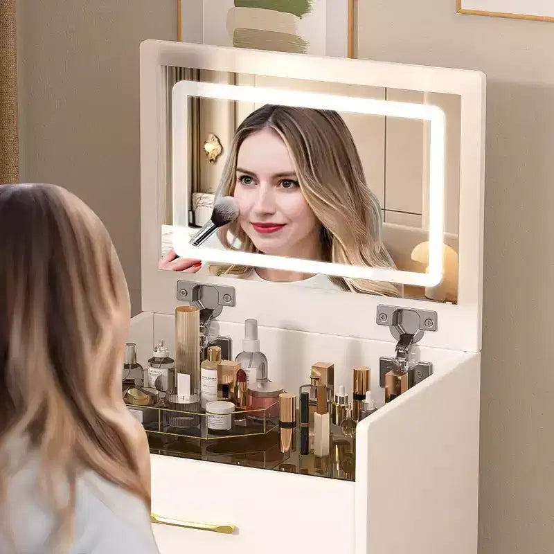 3 in 1 Makeup Vanity Desk Compact Vanity Table Dressing Table with Bench, Lighted Mirror, Drawers & Visible Glass Desktop, White - ModernLuxe