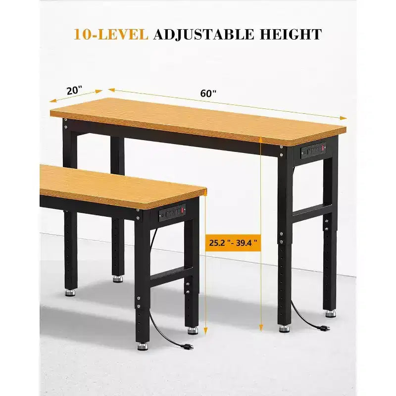 Acekool 60 Adjustable Height Garage Workbench with Solid Wood Top, 2200 lbs Capacity, Power Outlets & Non-Slip Feet, Heavy Duty