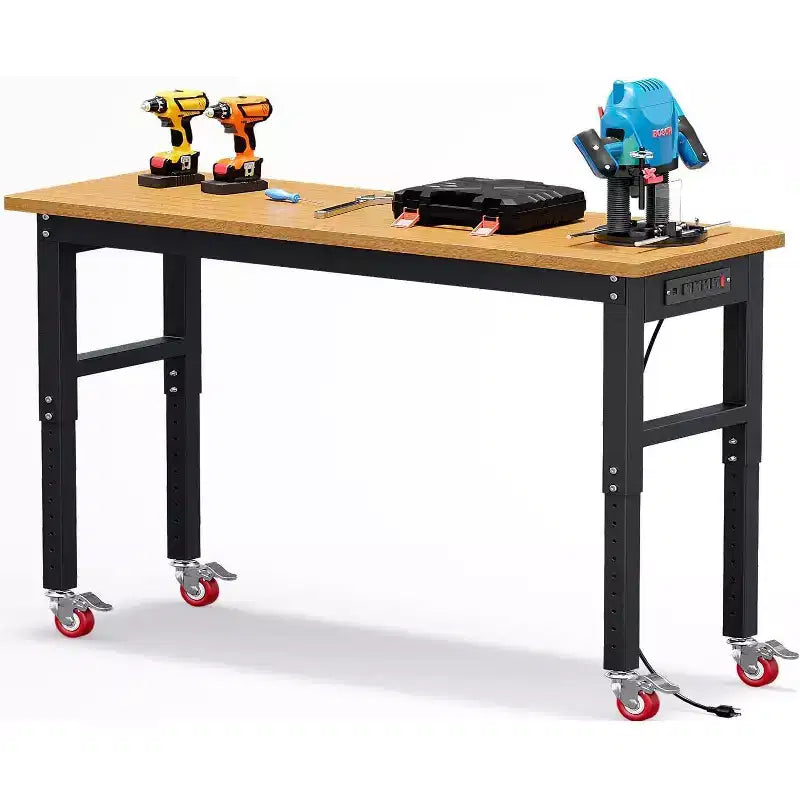 Acekool 60 Adjustable Height Garage Workbench with Solid Wood Top, 2200 lbs Capacity, Power Outlets & Non-Slip Feet, Heavy Duty