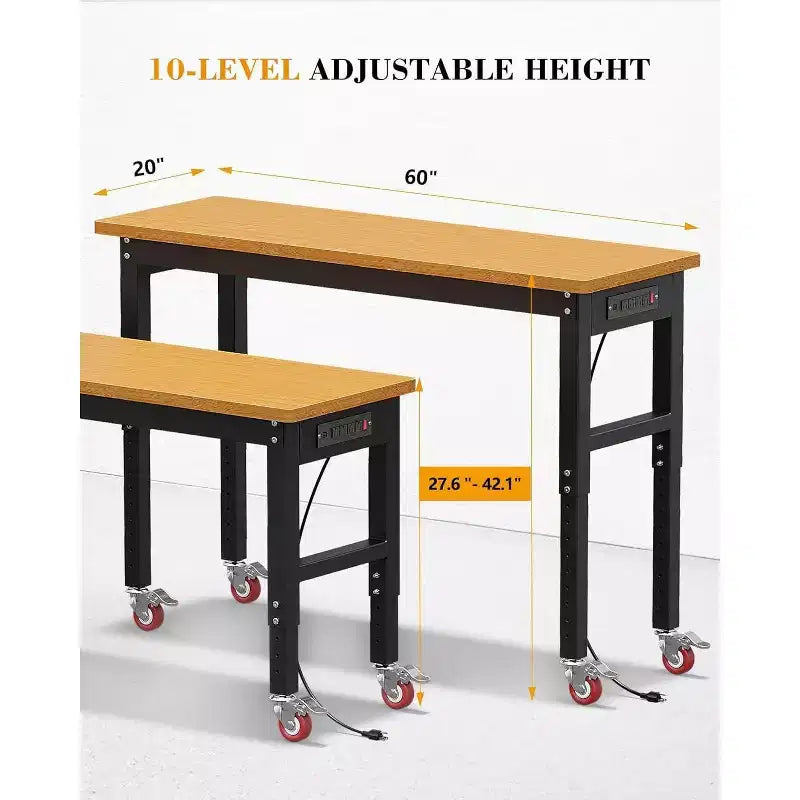 Acekool 60 Adjustable Height Garage Workbench with Solid Wood Top, 2200 lbs Capacity, Power Outlets & Non-Slip Feet, Heavy Duty