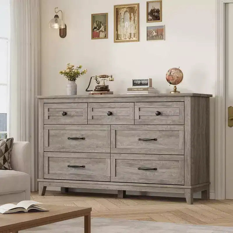 Coolmee 7 Drawers Dresser for Bedroom, Wood Rustic Chest of Drawers with Natural Texture, Storage Dressers Organizer for Bedroom, Living Room