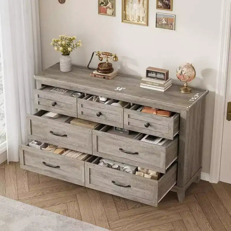 Coolmee 7 Drawers Dresser for Bedroom, Wood Rustic Chest of Drawers with Natural Texture, Storage Dressers Organizer for Bedroom, Living Room