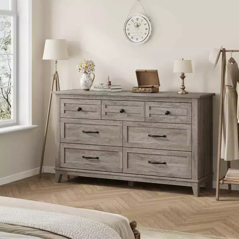 Coolmee 7 Drawers Dresser for Bedroom, Wood Rustic Chest of Drawers with Natural Texture, Storage Dressers Organizer for Bedroom, Living Room