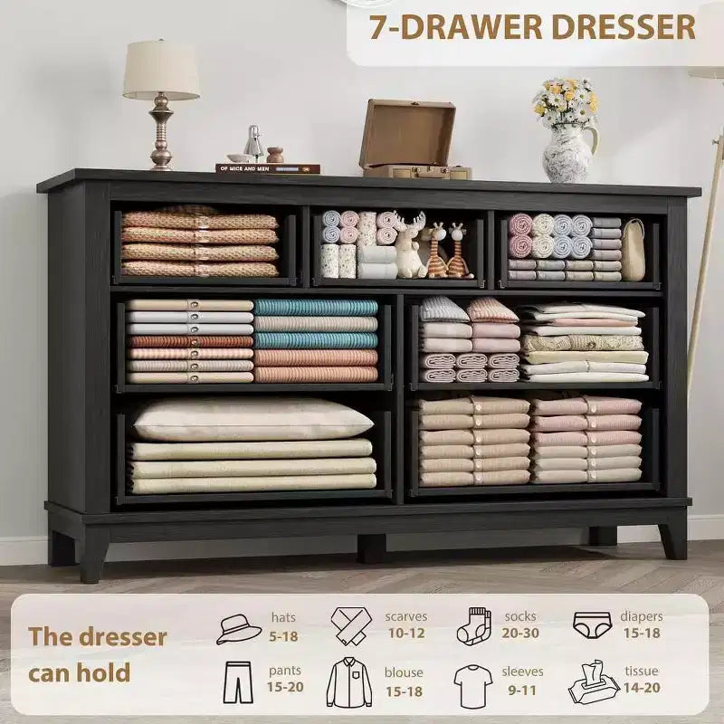 Coolmee 7 Drawers Dresser for Bedroom, Wood Rustic Chest of Drawers with Natural Texture, Storage Dressers Organizer for Bedroom, Living Room