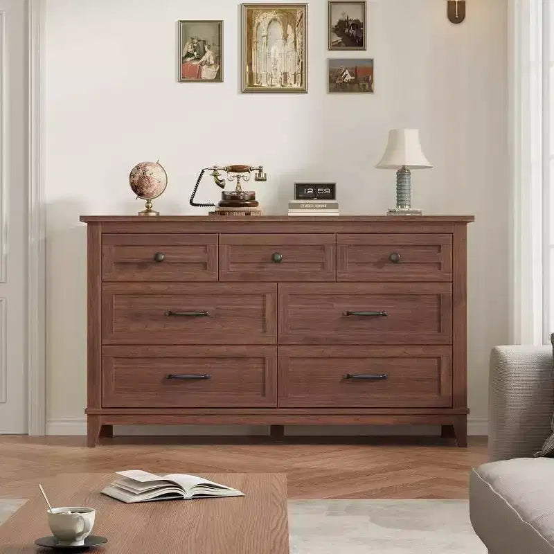 Coolmee 7 Drawers Dresser for Bedroom, Wood Rustic Chest of Drawers with Natural Texture, Storage Dressers Organizer for Bedroom, Living Room