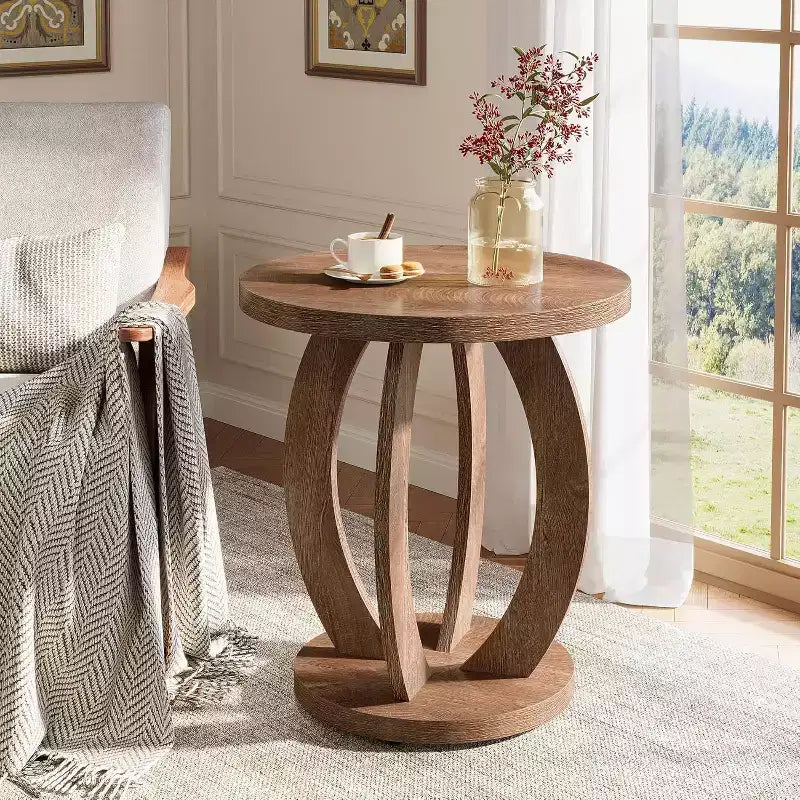 Lantine Round End Table with Storage, Farmhouse Nightstand or Accent Table for Living Room, Bedroom, Rustic Brown Wooden Side Table