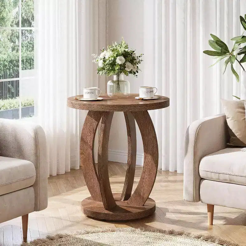 Lantine Round End Table with Storage, Farmhouse Nightstand or Accent Table for Living Room, Bedroom, Rustic Brown Wooden Side Table