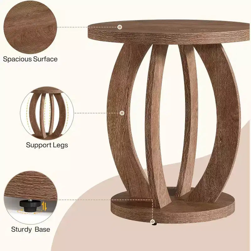 Lantine Tavolino rotondo con contenitore, Comodino da fattoria o Tavolino d'appoggio per soggiorno, camera da letto, Tavolino laterale in legno marrone rustico