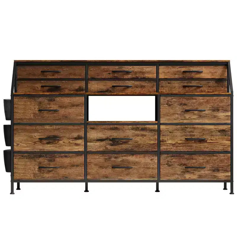 Cassettiera per Camera da Letto con 14 Cassetti, Cassettiera da 55" L con Tasca Laterale, Comò in Tessuto con Ripiani, Struttura Robusta, Piano in Legno