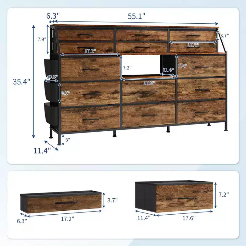 Cassettiera per Camera da Letto con 14 Cassetti, Cassettiera da 55" L con Tasca Laterale, Comò in Tessuto con Ripiani, Struttura Robusta, Piano in Legno