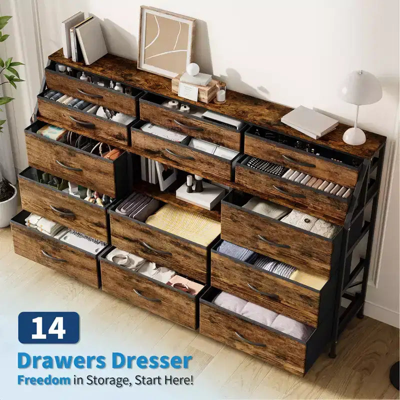 Cassettiera per Camera da Letto con 14 Cassetti, Cassettiera da 55" L con Tasca Laterale, Comò in Tessuto con Ripiani, Struttura Robusta, Piano in Legno