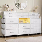 Cassettiera per Camera da Letto con 14 Cassetti, Cassettiera da 55" L con Tasca Laterale, Comò in Tessuto con Ripiani, Struttura Robusta, Piano in Legno