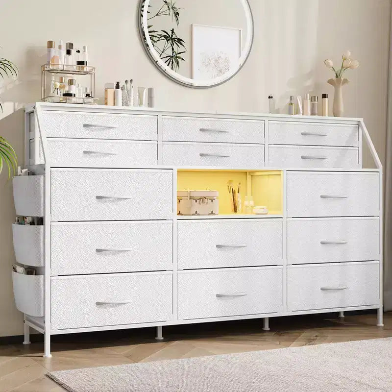 Cassettiera per Camera da Letto con 14 Cassetti, Cassettiera da 55" L con Tasca Laterale, Comò in Tessuto con Ripiani, Struttura Robusta, Piano in Legno