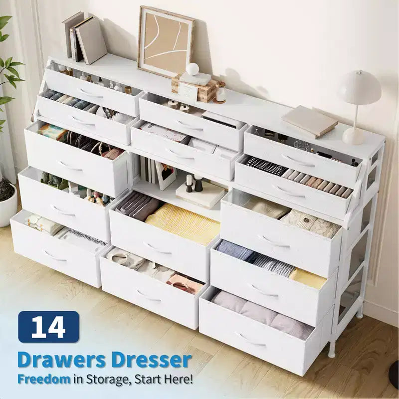 Cassettiera per Camera da Letto con 14 Cassetti, Cassettiera da 55" L con Tasca Laterale, Comò in Tessuto con Ripiani, Struttura Robusta, Piano in Legno