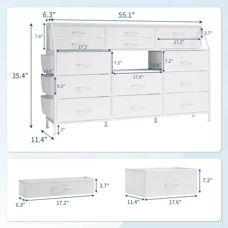 Cassettiera per Camera da Letto con 14 Cassetti, Cassettiera da 55" L con Tasca Laterale, Comò in Tessuto con Ripiani, Struttura Robusta, Piano in Legno
