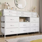 Cassettiera per Camera da Letto con 14 Cassetti, Cassettiera da 55" L con Tasca Laterale, Comò in Tessuto con Ripiani, Struttura Robusta, Piano in Legno