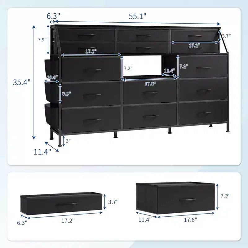 Cassettiera per Camera da Letto con 14 Cassetti, Cassettiera da 55" L con Tasca Laterale, Comò in Tessuto con Ripiani, Struttura Robusta, Piano in Legno