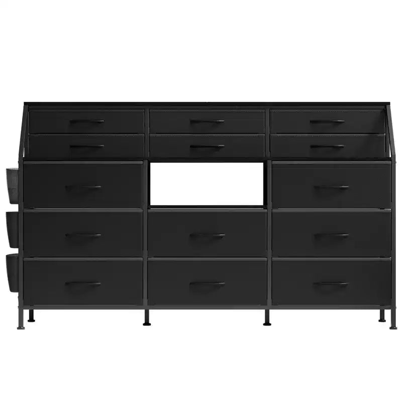 Cassettiera per Camera da Letto con 14 Cassetti, Cassettiera da 55" L con Tasca Laterale, Comò in Tessuto con Ripiani, Struttura Robusta, Piano in Legno