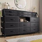 Cassettiera per Camera da Letto con 14 Cassetti, Cassettiera da 55" L con Tasca Laterale, Comò in Tessuto con Ripiani, Struttura Robusta, Piano in Legno
