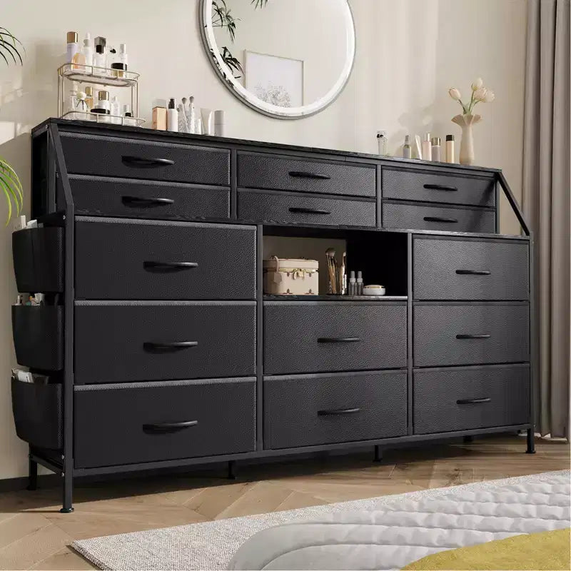 Cassettiera per Camera da Letto con 14 Cassetti, Cassettiera da 55" L con Tasca Laterale, Comò in Tessuto con Ripiani, Struttura Robusta, Piano in Legno