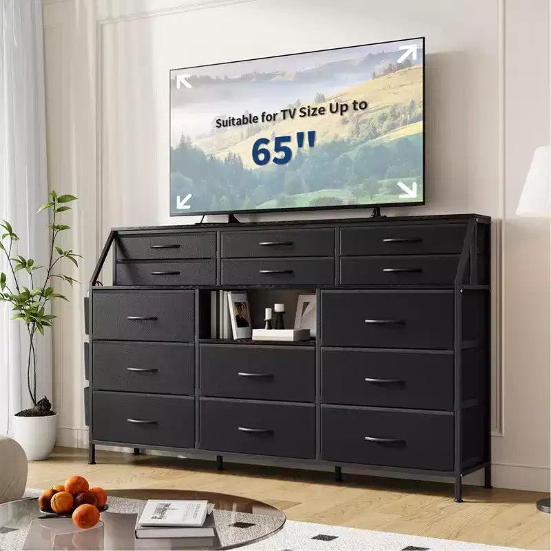 Cassettiera per Camera da Letto con 14 Cassetti, Cassettiera da 55" L con Tasca Laterale, Comò in Tessuto con Ripiani, Struttura Robusta, Piano in Legno