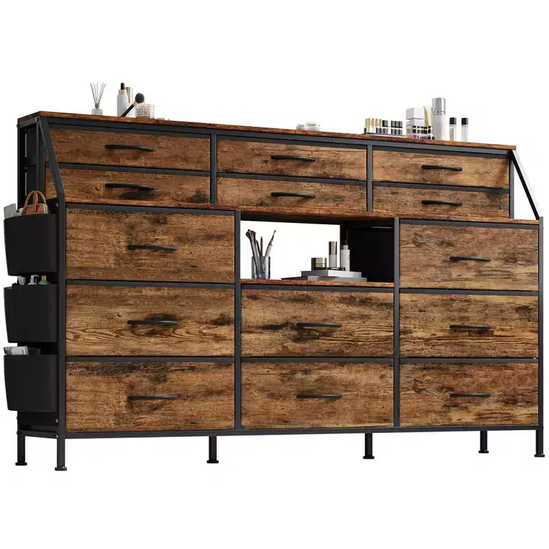 Dresser for Bedroom with 14 Drawers, 55 W Dresser with Side Pocket, Fabric Dressers & Chests of Drawers with Shelves, Sturdy Frame, Wood Top