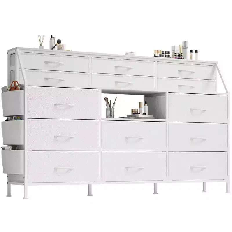 Dresser for Bedroom with 14 Drawers, 55 W Dresser with Side Pocket, Fabric Dressers & Chests of Drawers with Shelves, Sturdy Frame, Wood Top