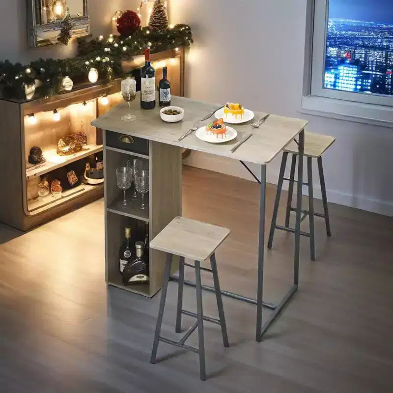 3-Piece Small Bar Table and Chairs Set  Space Saving Pub Table with Storage Drawer & Shelf, Retro