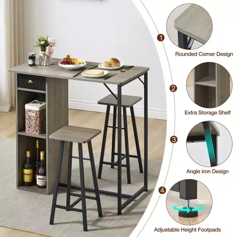 3-Piece Small Bar Table and Chairs Set  Space Saving Pub Table with Storage Drawer & Shelf, Retro