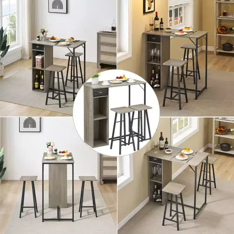 3-Piece Small Bar Table and Chairs Set  Space Saving Pub Table with Storage Drawer & Shelf, Retro