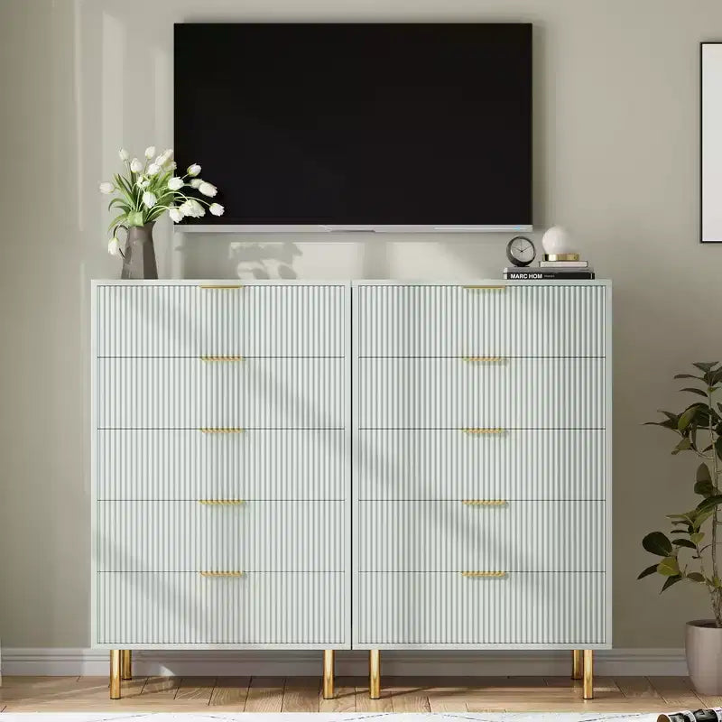 TROPOW Green Dresser, Modern 5 Drawer Dresser for Bedroom with Gold Handle and Large Drawer, Wood Double Chest of Drawers,Green