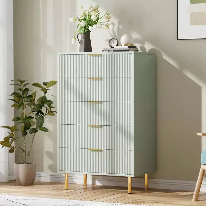 TROPOW Green Dresser, Modern 5 Drawer Dresser for Bedroom with Gold Handle and Large Drawer, Wood Double Chest of Drawers,Green