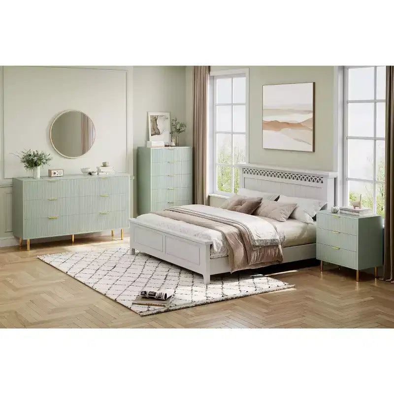 TROPOW Green Dresser, Modern 5 Drawer Dresser for Bedroom with Gold Handle and Large Drawer, Wood Double Chest of Drawers,Green