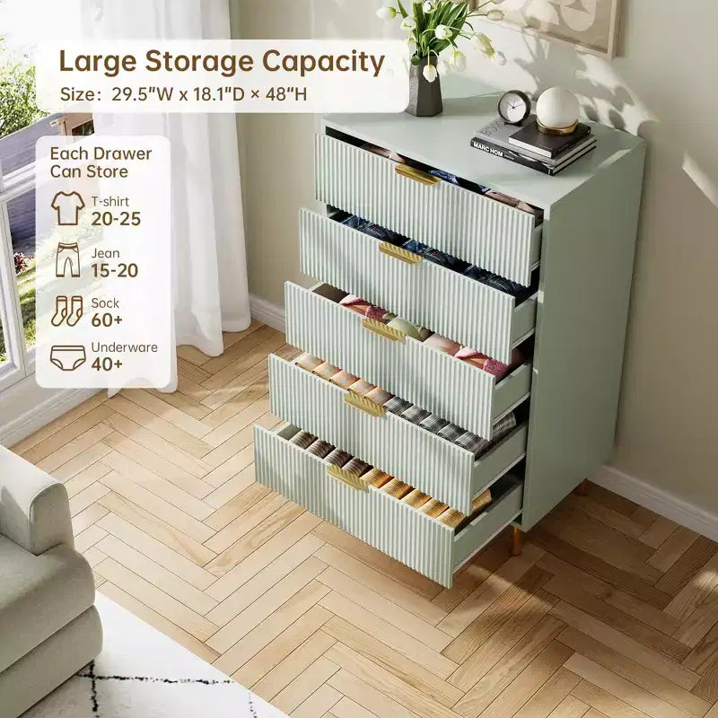 TROPOW Green Dresser, Modern 5 Drawer Dresser for Bedroom with Gold Handle and Large Drawer, Wood Double Chest of Drawers,Green