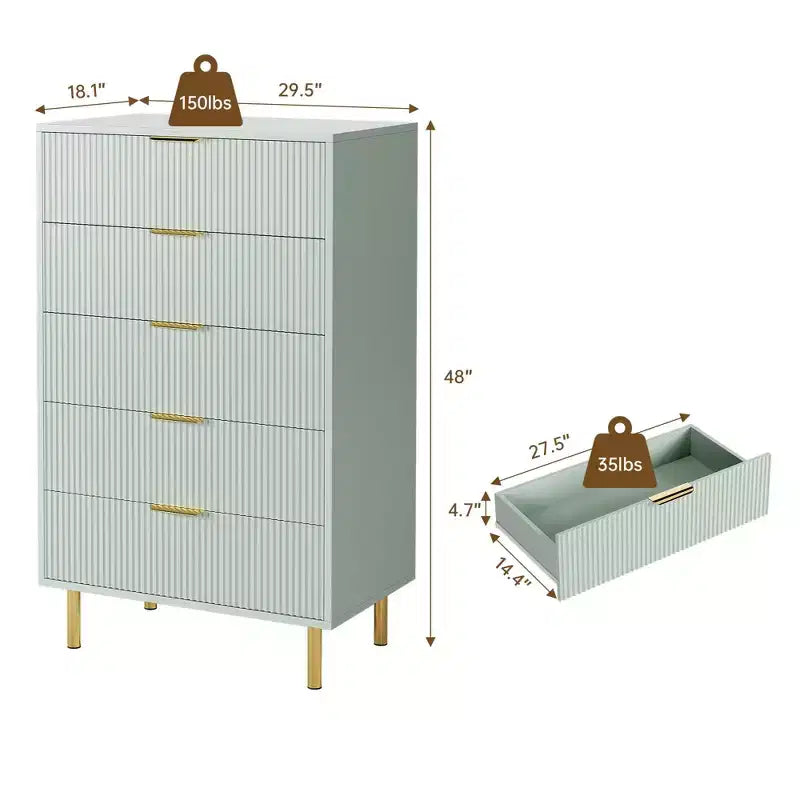 TROPOW Green Dresser, Modern 5 Drawer Dresser for Bedroom with Gold Handle and Large Drawer, Wood Double Chest of Drawers,Green