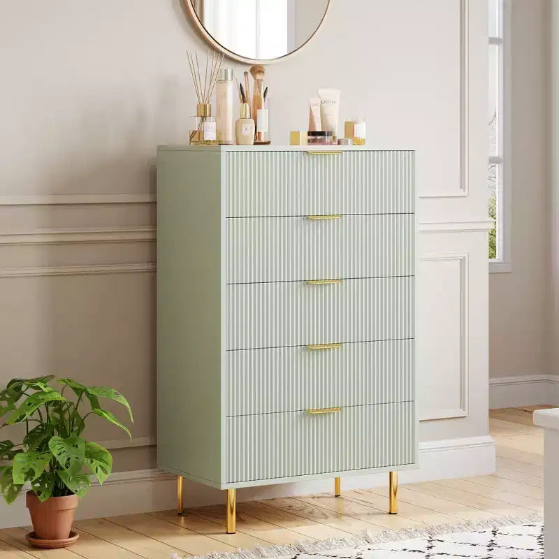 TROPOW Green Dresser, Modern 5 Drawer Dresser for Bedroom with Gold Handle and Large Drawer, Wood Double Chest of Drawers,Green