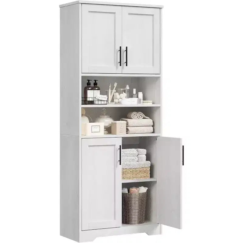 Acekool 67 Inch Tall Storage Cabinet with Adjustable Shelves, Modern Bathroom Linen Tower with Doors and Open Shelves, White