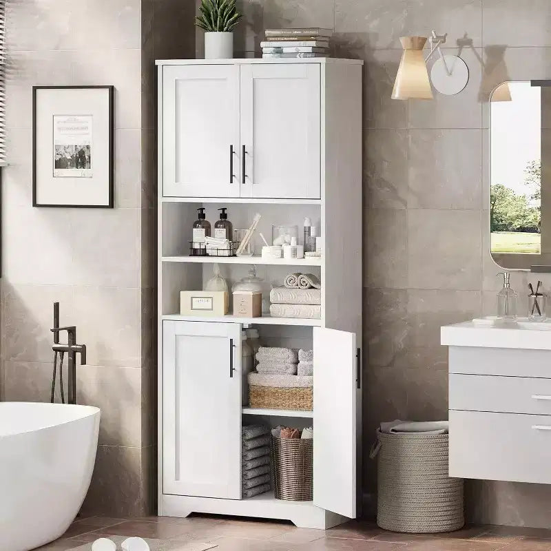 Acekool 67 Inch Tall Storage Cabinet with Adjustable Shelves, Modern Bathroom Linen Tower with Doors and Open Shelves, White