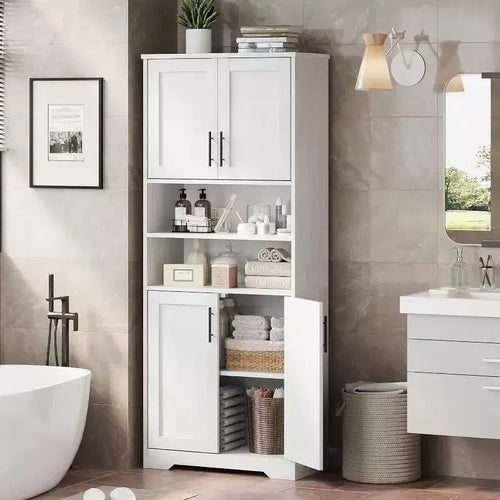 Acekool 67 Inch Tall Storage Cabinet with Adjustable Shelves, Modern Bathroom Linen Tower with Doors and Open Shelves, White