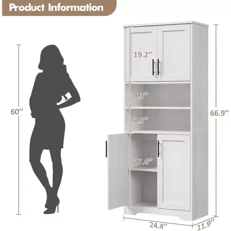 Acekool 67 Inch Tall Storage Cabinet with Adjustable Shelves, Modern Bathroom Linen Tower with Doors and Open Shelves, White