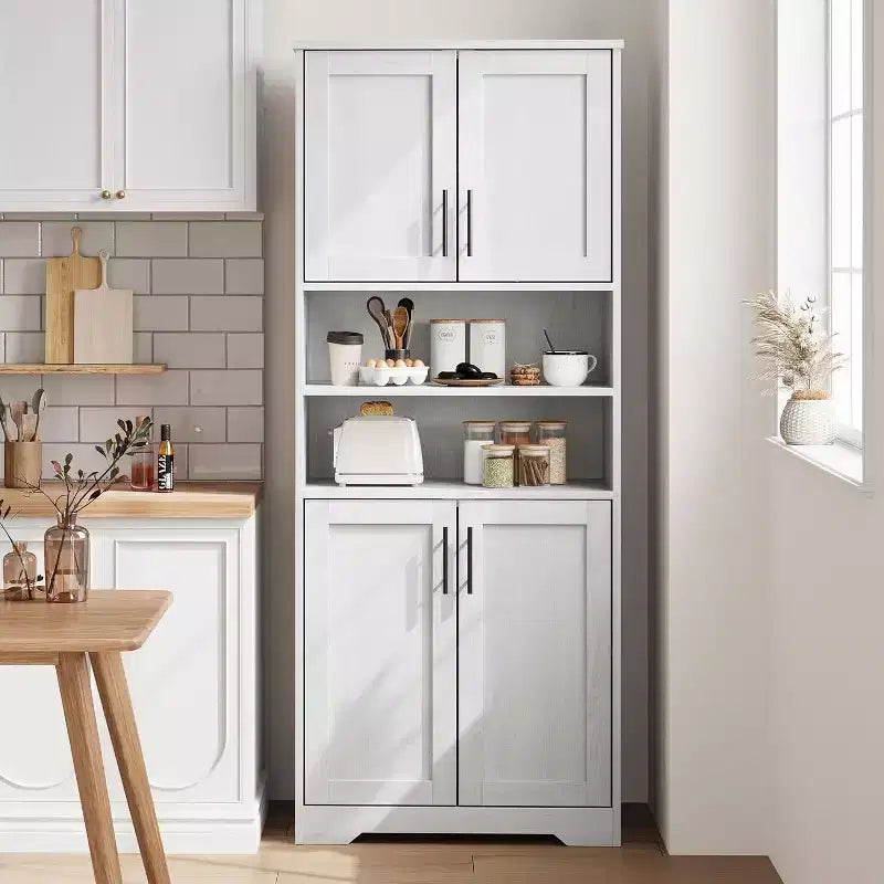 Acekool 67 Inch Tall Storage Cabinet with Adjustable Shelves, Modern Bathroom Linen Tower with Doors and Open Shelves, White