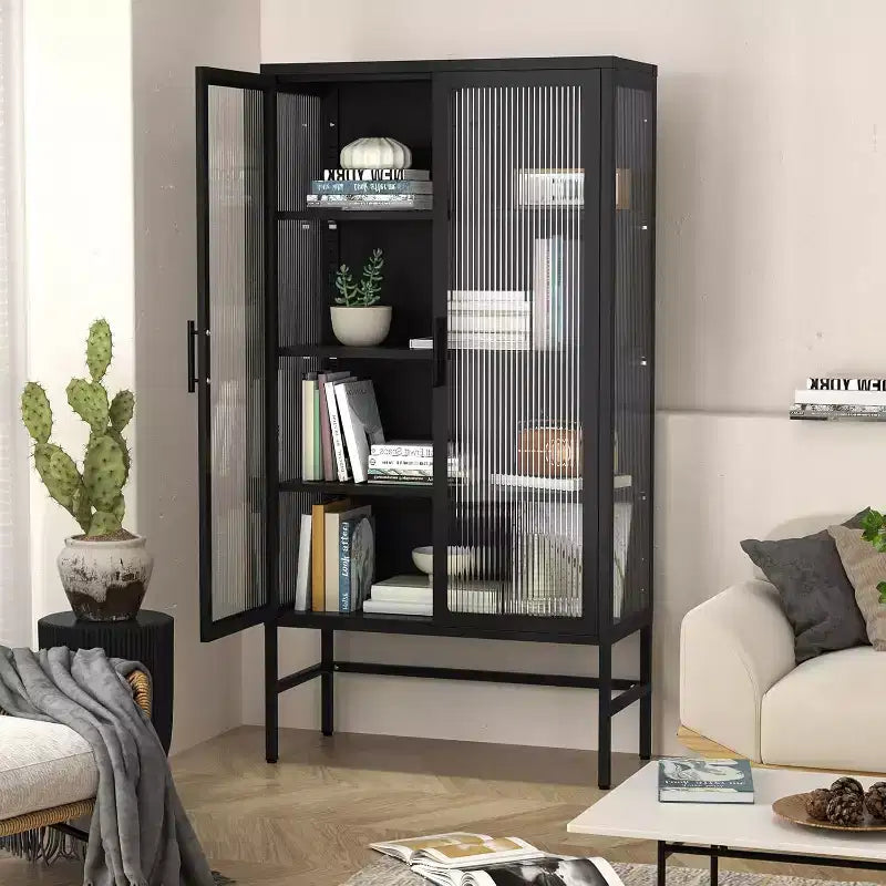 Vetrina con Ante in Vetro, Vetrinetta Espositiva con Ripiani Regolabili a 3 Livelli, Mobile Contenitore per Casa, Soggiorno e Ufficio Nero
