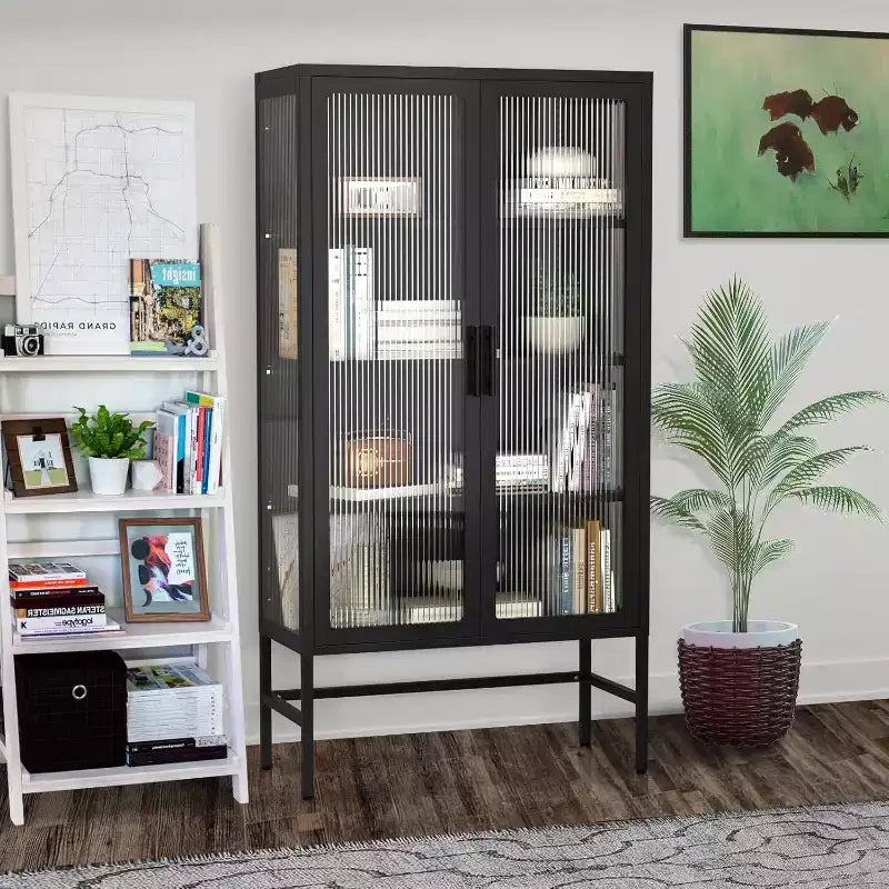 Vetrina con Ante in Vetro, Vetrinetta Espositiva con Ripiani Regolabili a 3 Livelli, Mobile Contenitore per Casa, Soggiorno e Ufficio Nero